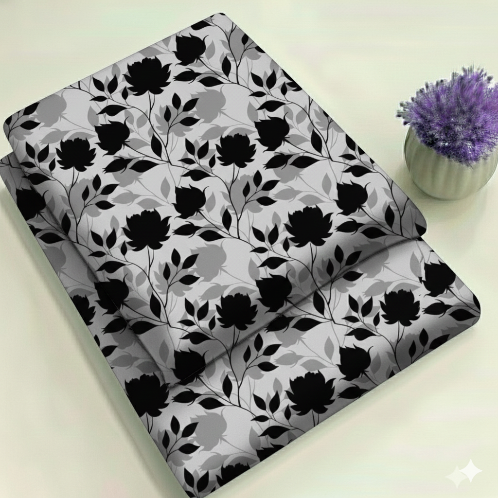 Gray & Black Botanical Floral Print 2-Piece Unstitched Suit (D-132)