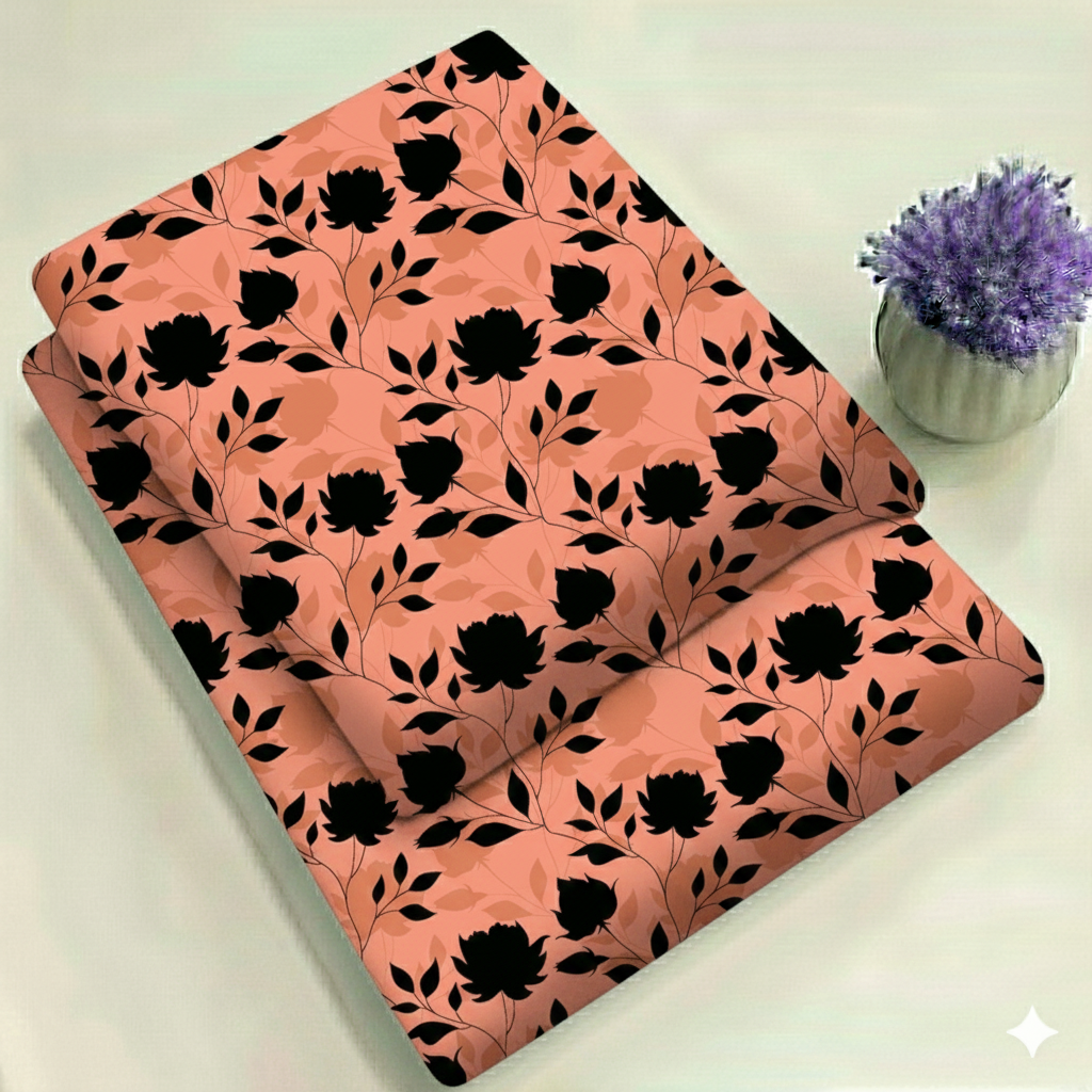 Peach & Black Botanical Floral Print 2-Piece Unstitched Suit (D-132)