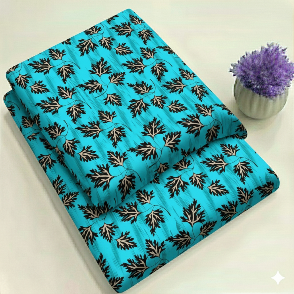 Black & White Maple Leaf On Sky Blue Floral Print 2-Piece Unstitched Suit (D-134)