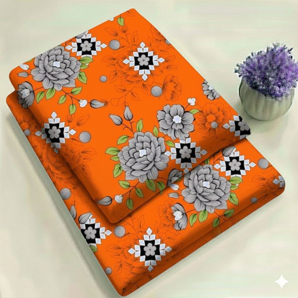 Orange Geometric Medallion Floral Print 2-Piece Unstitched Suit (D-135)