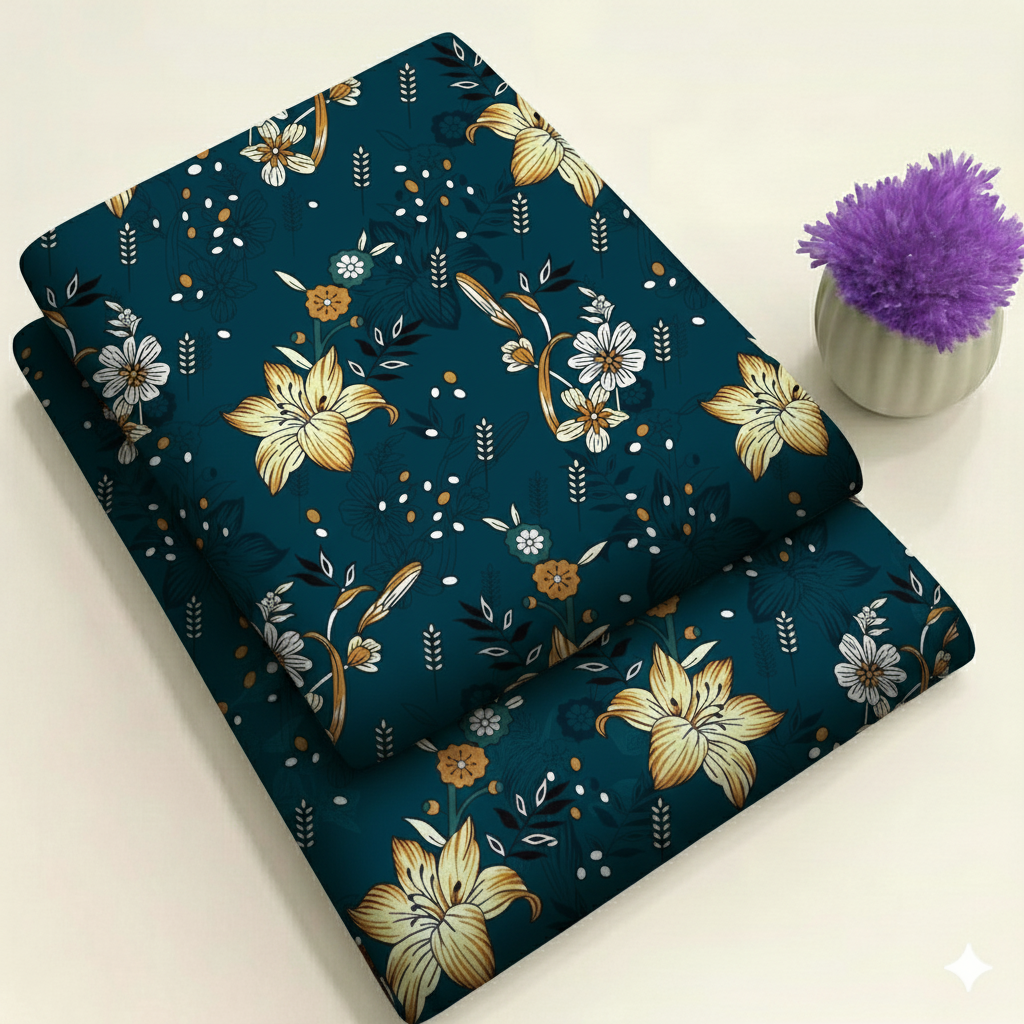 Dark Teal with Yellow & White Flowers Print 2-Piece Unstitched Suit (D-364)