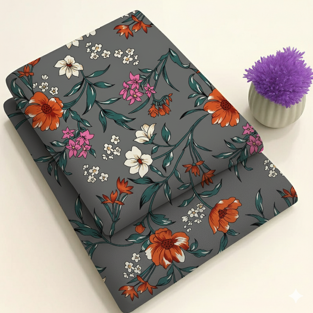 Dark Grey with Coral & Pink Flowers Print 2-Piece Unstitched Suit (D-357)