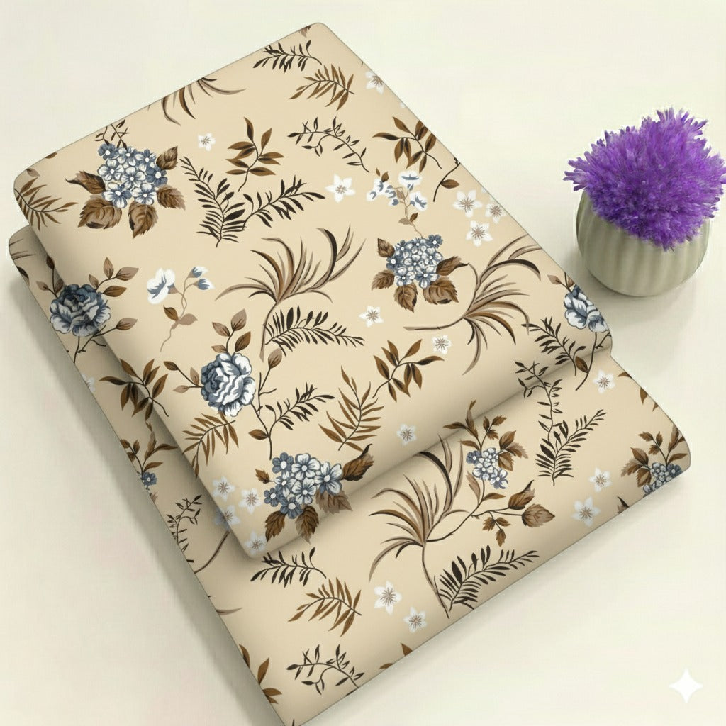 Cream with Dusty Blue & Brown Flowers Print 2-Piece Unstitched Suit (D-361)
