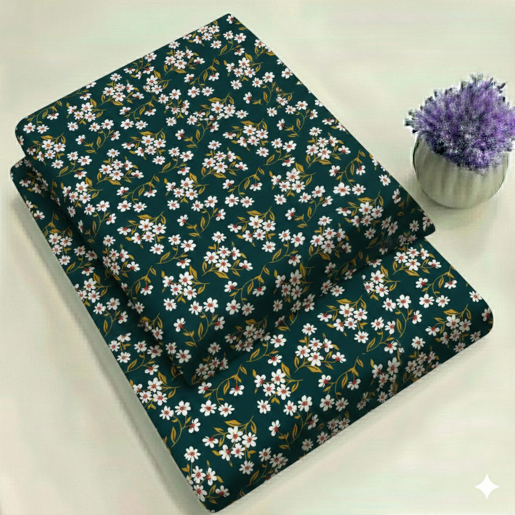 Forest Green with Small White Flower Floral Print 2-Piece Unstitched Suit