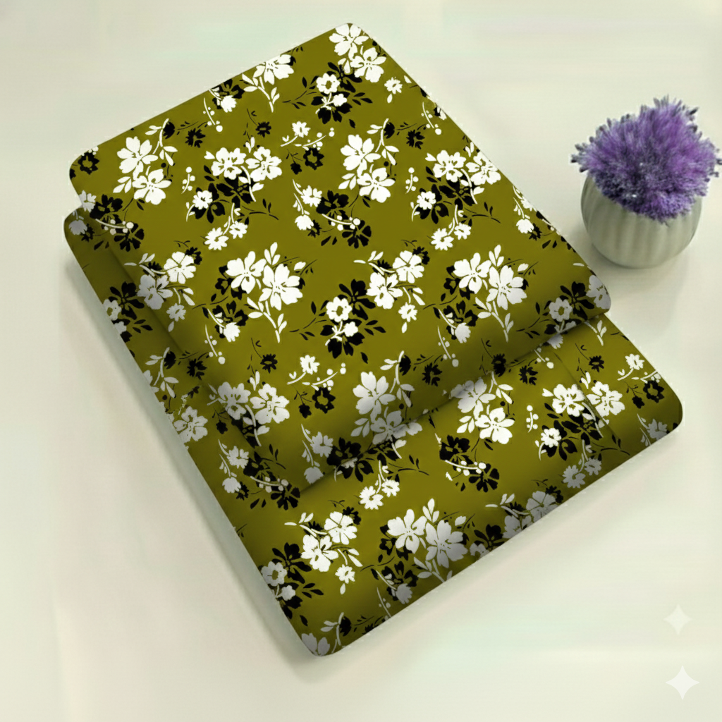 Green with Small White Tiny Bloom Flower Pattern Floral Print 2-Piece Unstitched Suit (D-373)