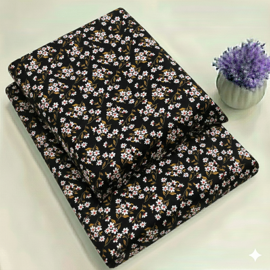 Black with White Ditsy Floral Print 2-Piece Unstitched Suit