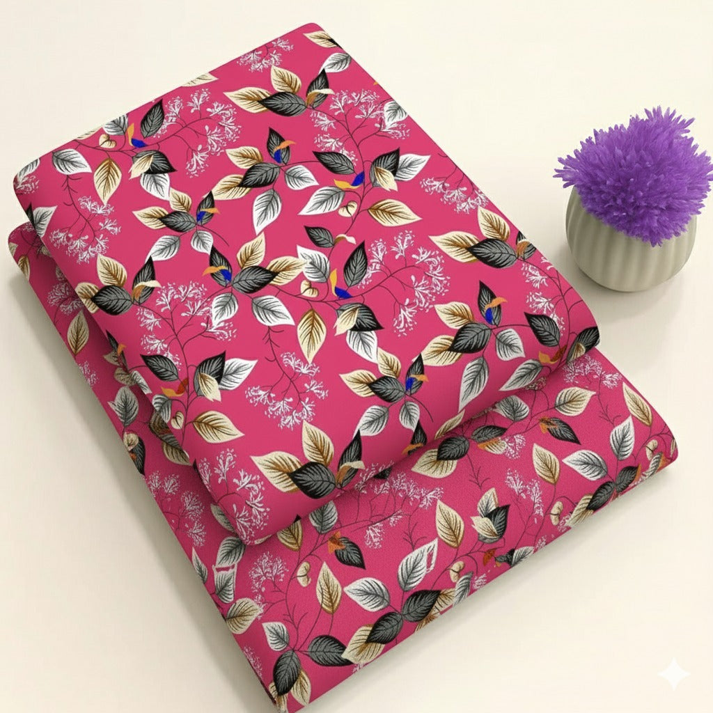 Bright Pink with Green & Cream Leaves Print 2-Piece Unstitched Suit (D-360)