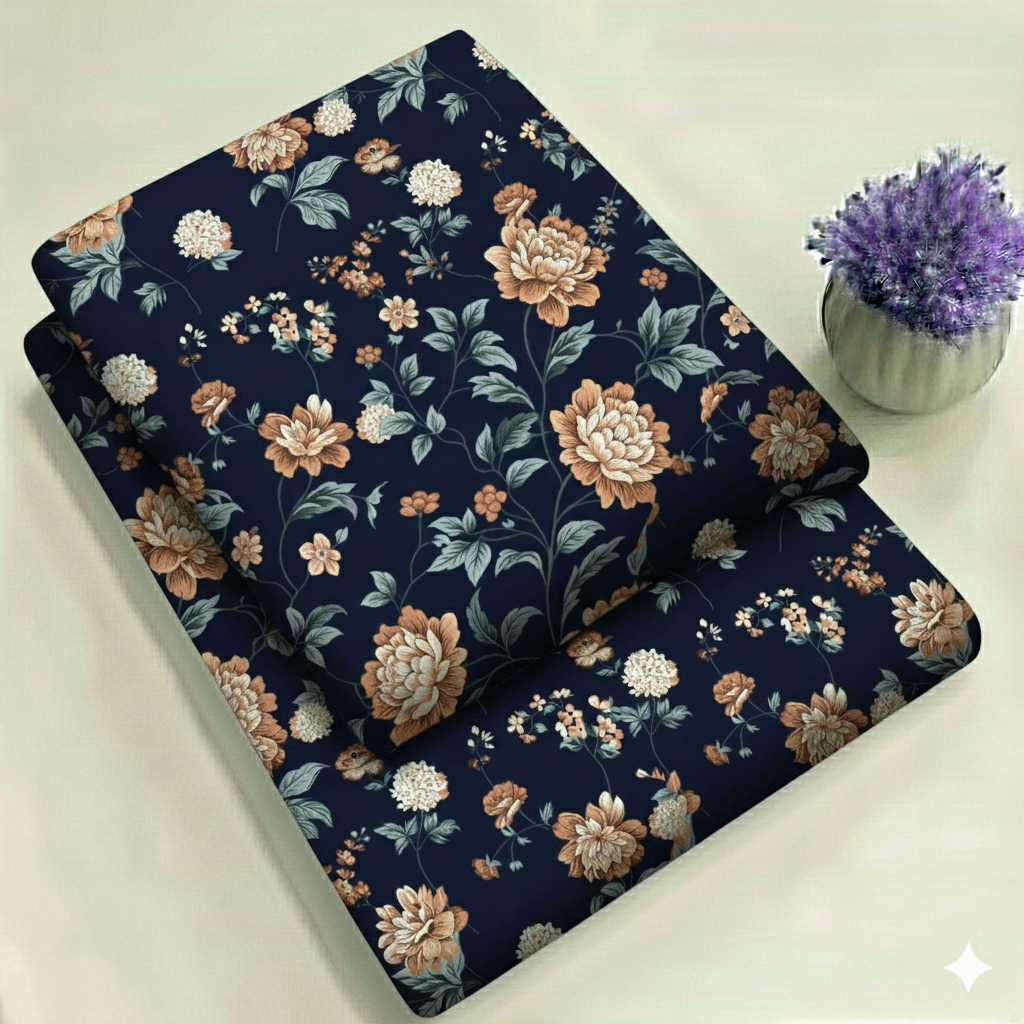 Midnight Blue with Vintage Brown Peonies floral Print 2-Piece Unstitched Suit