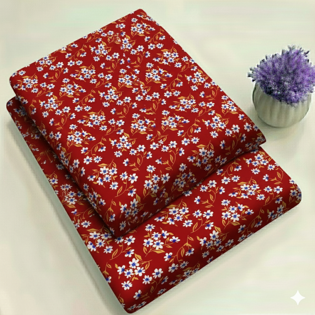 Crimson Red Suit with Small White Flower Floral Print 2-Piece Unstitched Suit