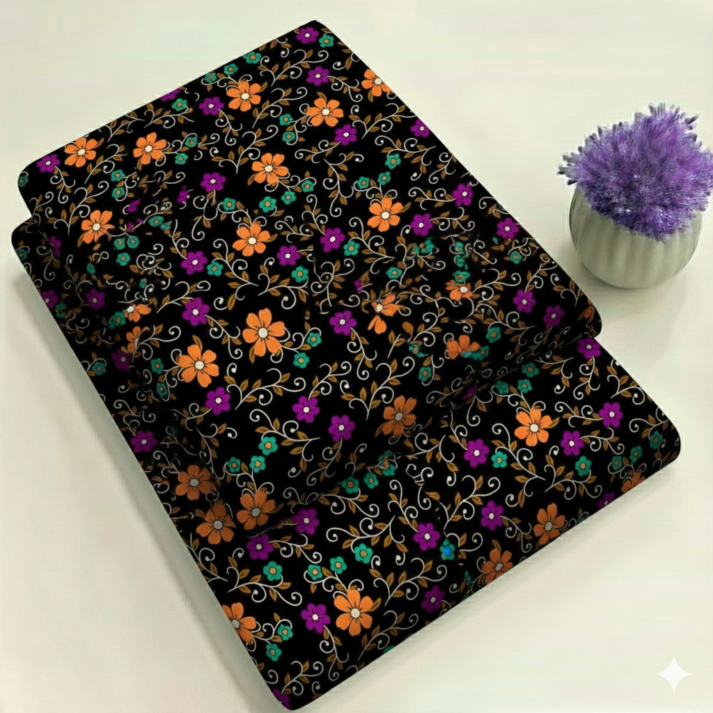 Black Suit with Orange & Purple Floral Print 2-Piece Unstitched Suit