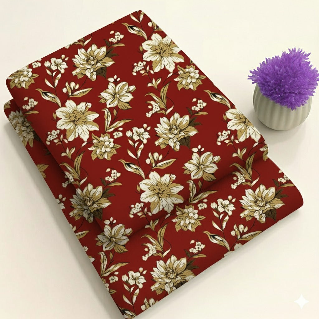 Deep Red with Beige & White Flowers Print 2-Piece Unstitched Suit (D-359)