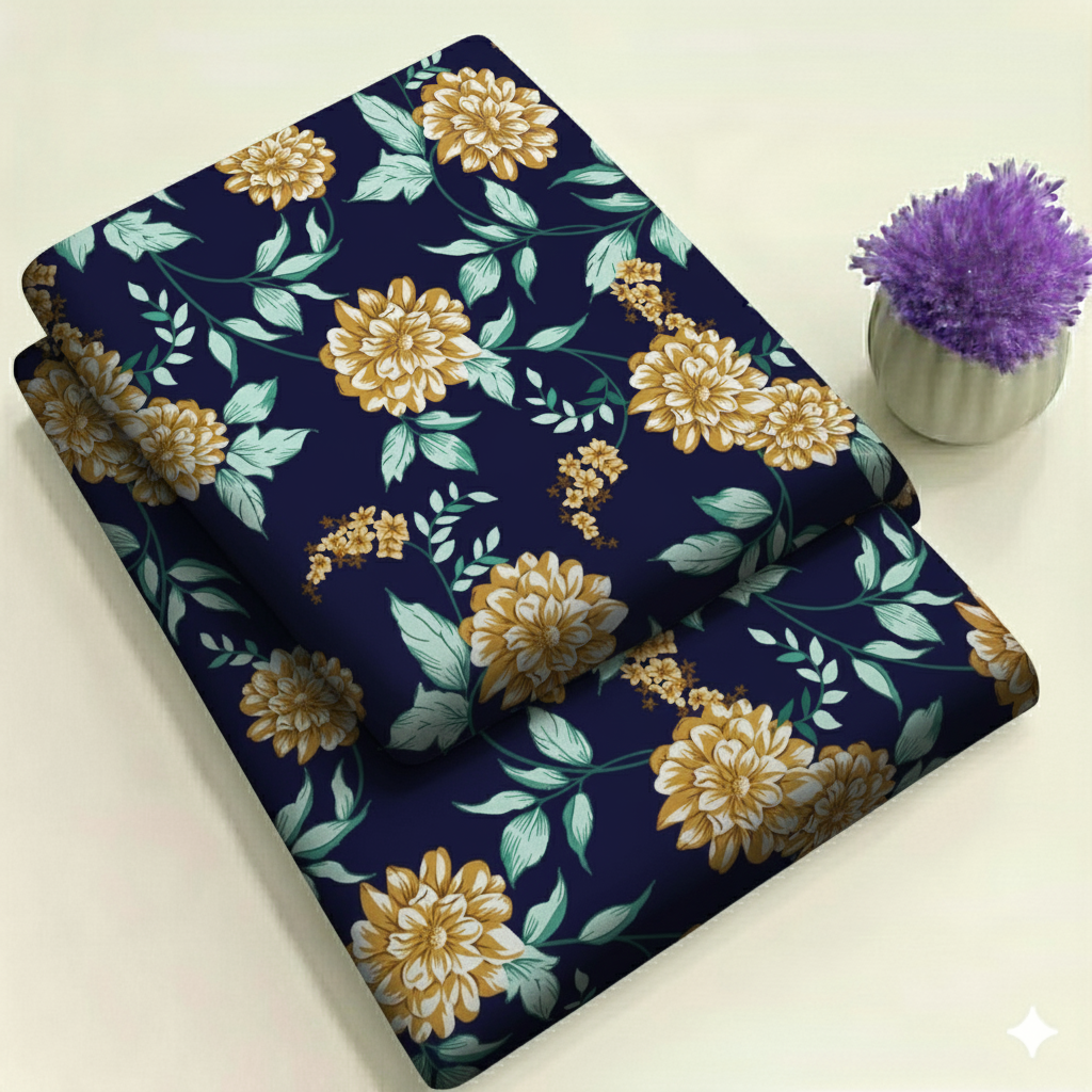 Navy Blue & Golden Yellow Floral 2-Piece Unstitched Suit (D-358)