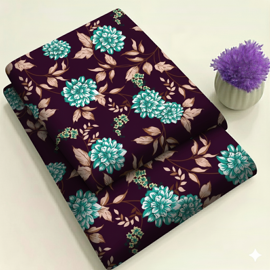 Deep Plum & Aqua Floral Print 2-Piece Unstitched Suit (D-358)