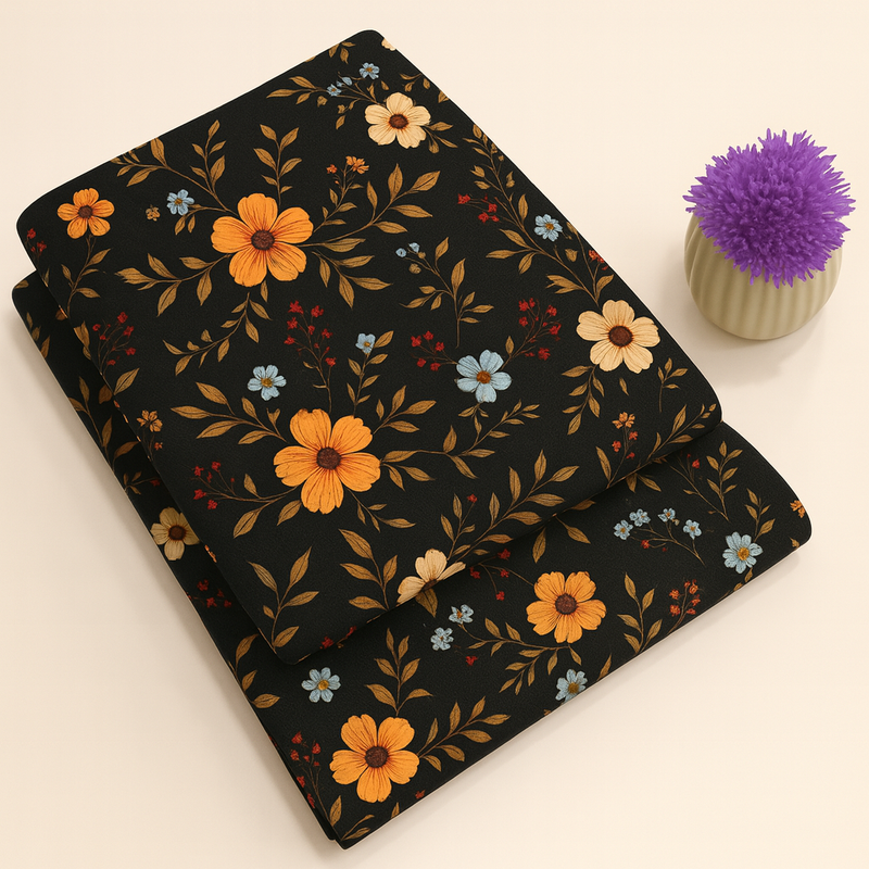 Black Golden Autumn Charm Print 2-Piece Unstitched Suit (D-355)