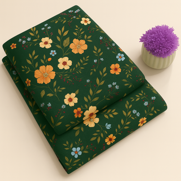 Dark Green & Golden Autumn Charm Print 2-Piece Unstitched Suit (D-355)