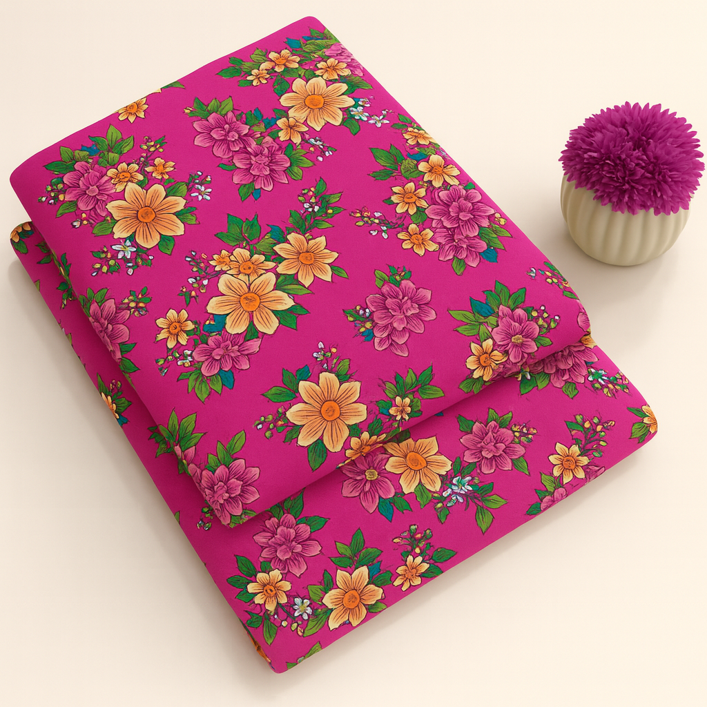 Bright Pink with Vibrant Flowers Print 2-Piece Unstitched Suit (D-356) COTTON CRAFT