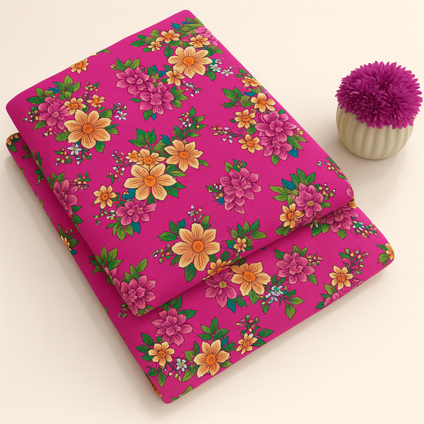 Bright Pink with Vibrant Flowers Print 2-Piece Unstitched Suit (D-356)