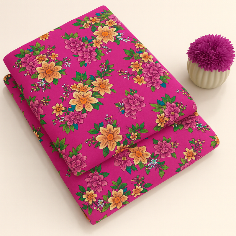 Bright Pink with Vibrant Flowers Print 2-Piece Unstitched Suit (D-356)