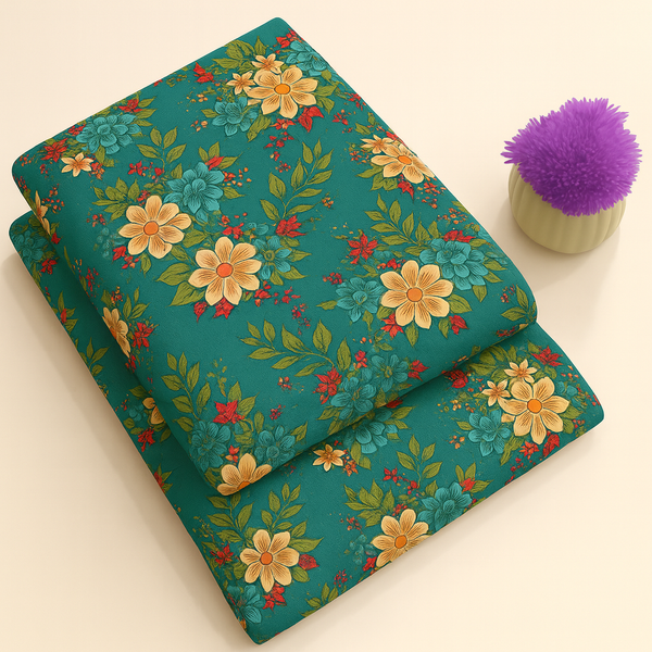 Bright Sky Blue with Vibrant Flowers Print 2-Piece Unstitched Suit (D-356)