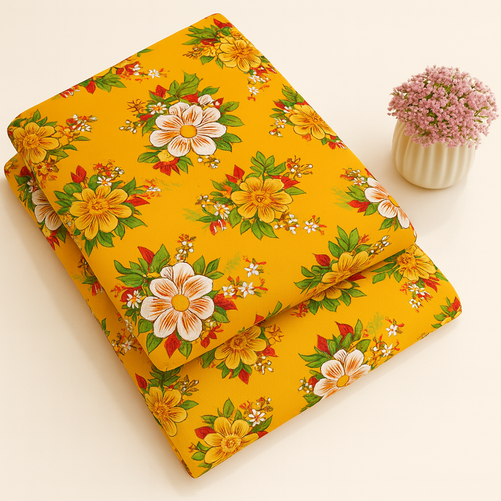 Bright Yellow with Vibrant Flowers Print 2-Piece Unstitched Suit (D-356) COTTON CRAFT