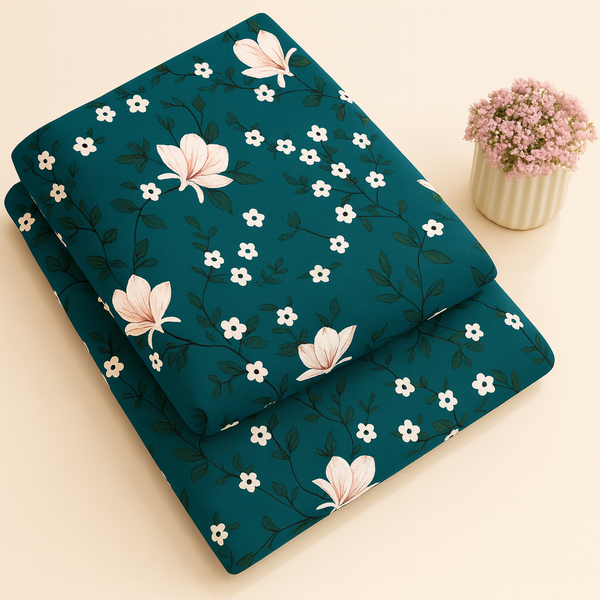 Teal Green Spring Meadow Floral Print 2-Piece Unstitched Suit (D-353)