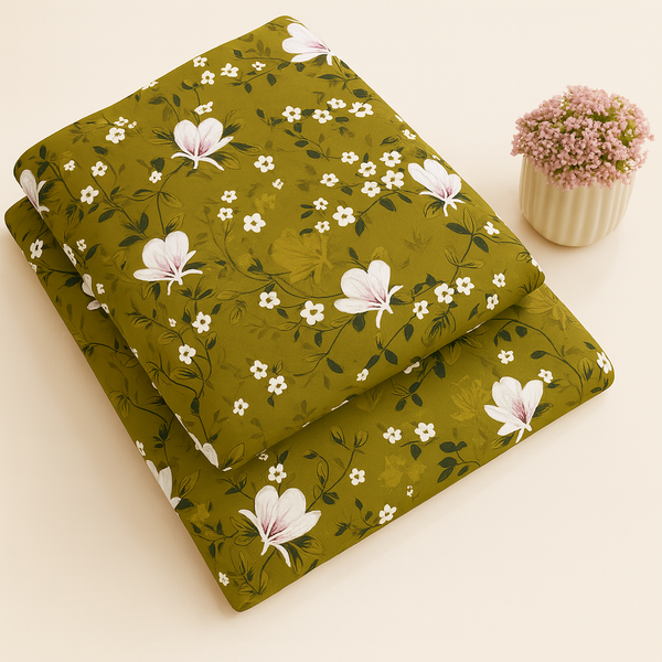 Olive Green Spring Meadow Floral Print 2-Piece Unstitched Suit (D-353)