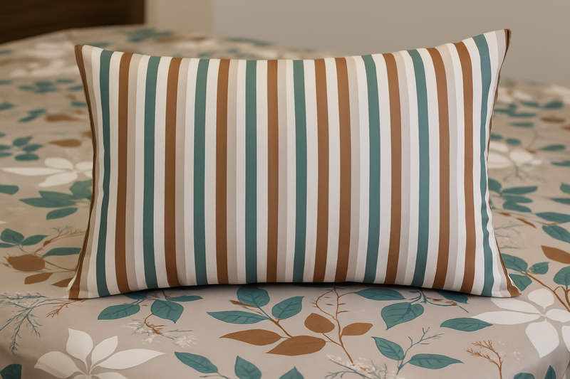Beige Floral & Stripe Design Cotton Bedsheet