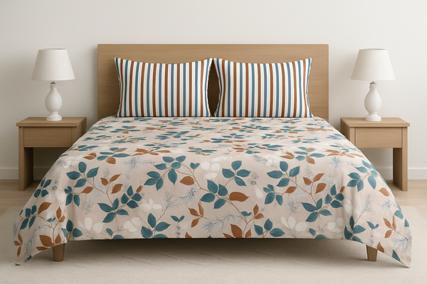 Beige Floral & Stripe Design Cotton Bedsheet