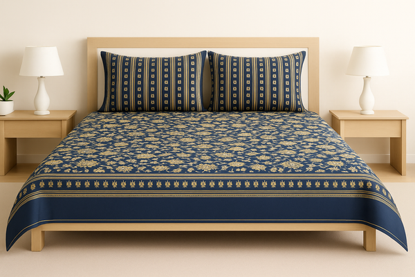 Luxury Navy Blue & Gold Floral Design Cotton Bedsheet