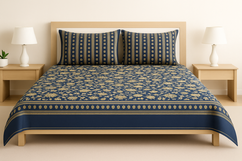Luxury Navy Blue & Gold Floral Design Cotton Bedsheet