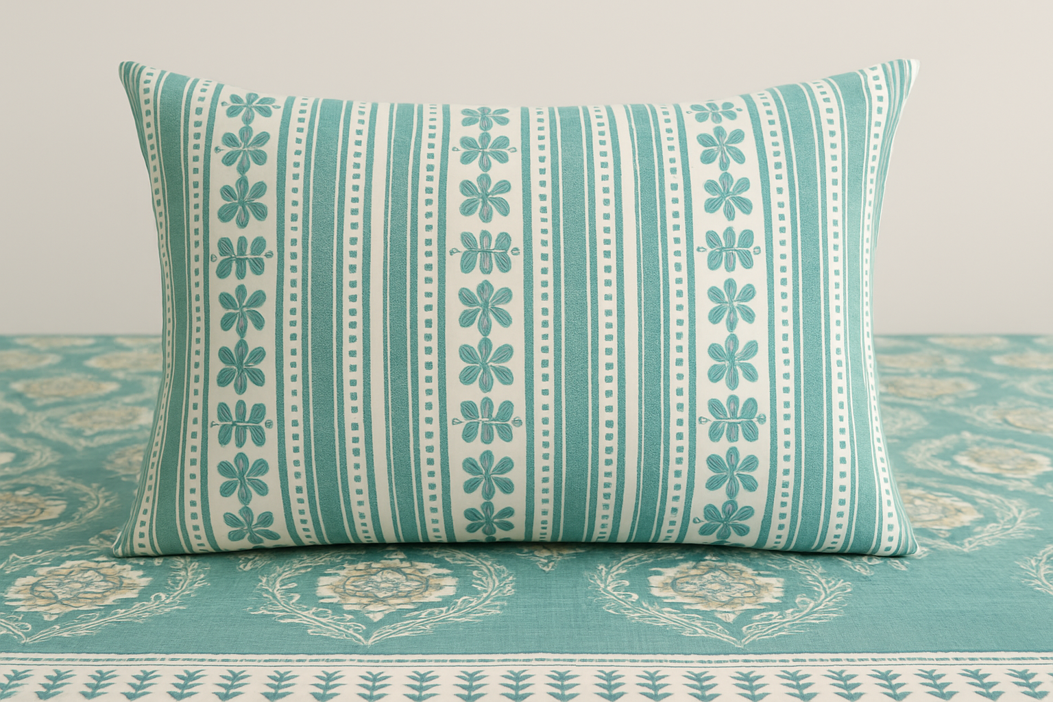 Teal Floral & Stripe Design Cotton Bedsheet COTTON CRAFT