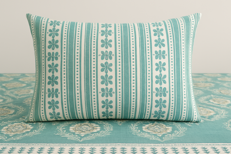 Teal Floral & Stripe Design Cotton Bedsheet