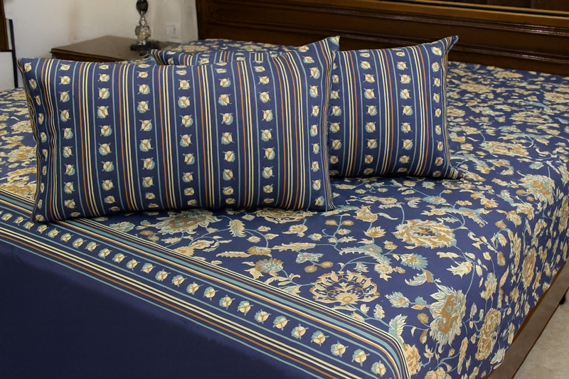 Luxury Navy Blue & Gold Floral Design Cotton Bedsheet