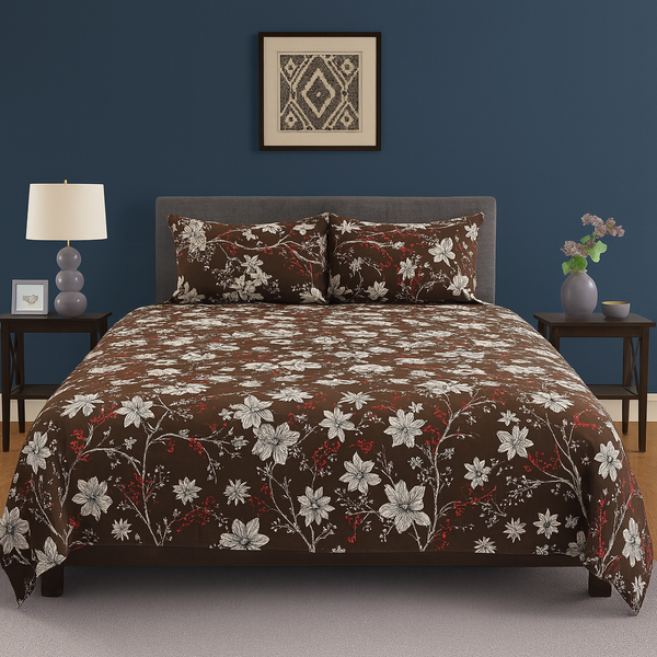 Chocolate Blossom Floral Pattern Crystal Cotton Printed Bedsheet