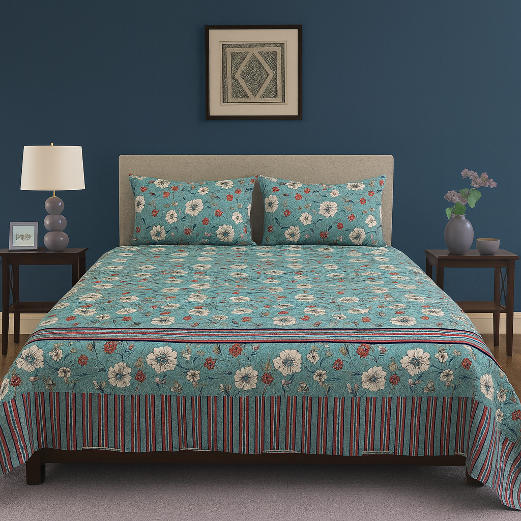 Aqua Bloom Floral Pattern Crystal Cotton Printed Bedsheet COTTON CRAFT