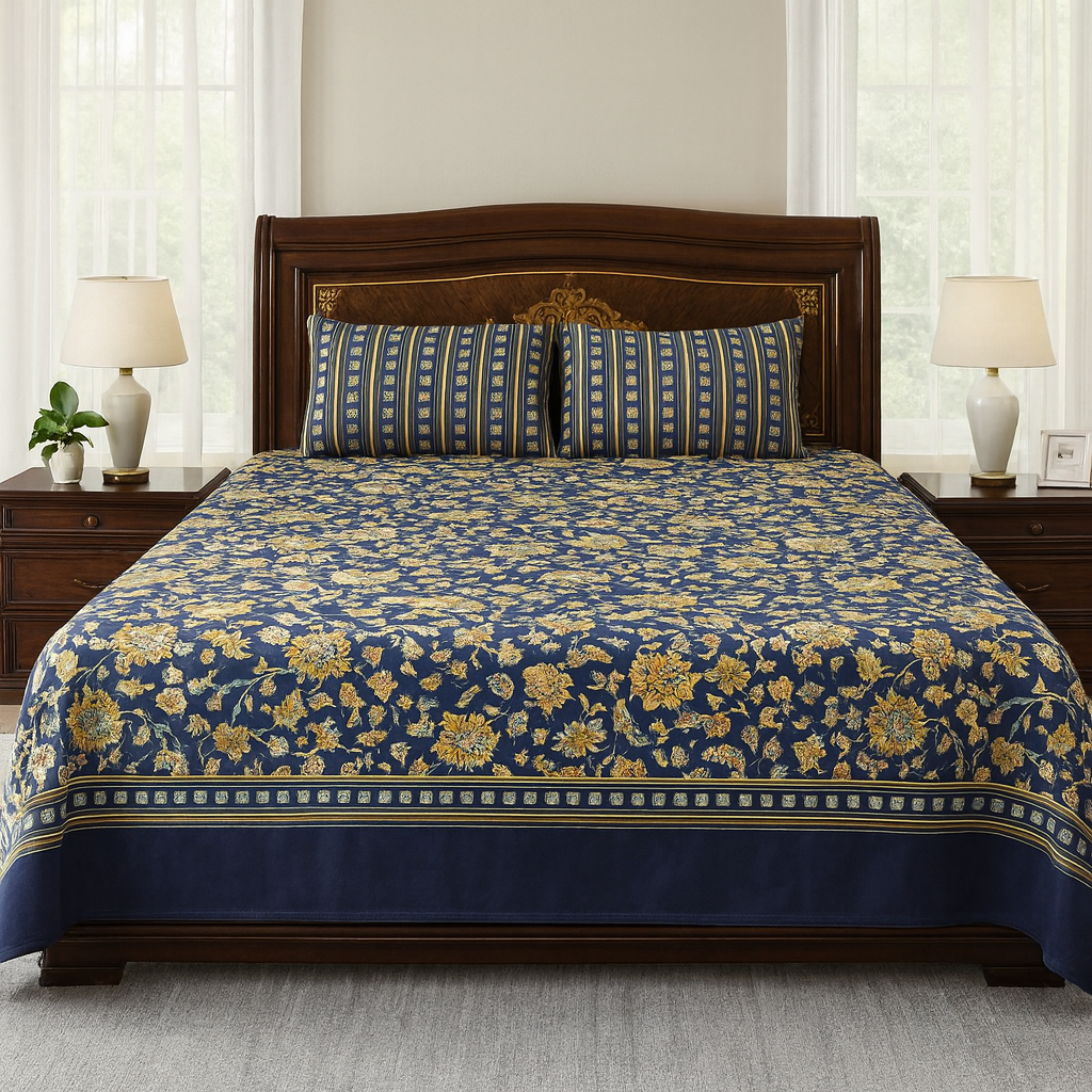 Luxury Navy Blue & Gold Floral Design Cotton Bedsheet COTTON CRAFT