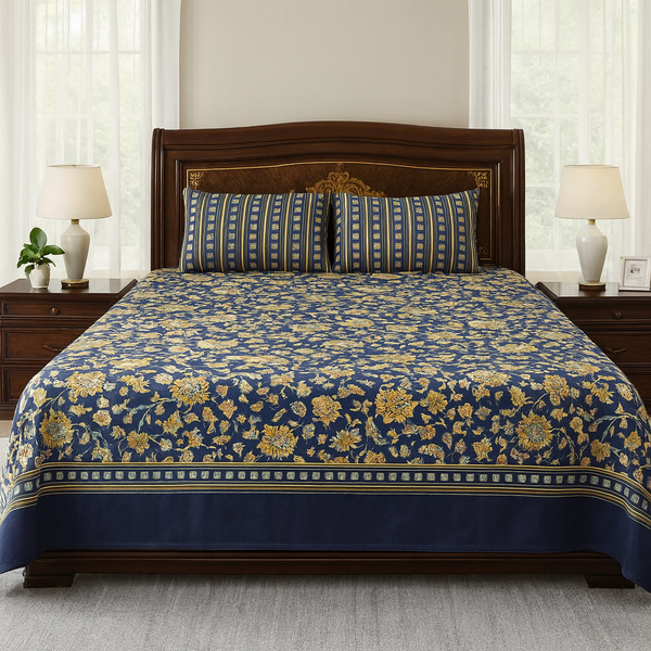 Luxury Navy Blue & Gold Floral Design Cotton Bedsheet