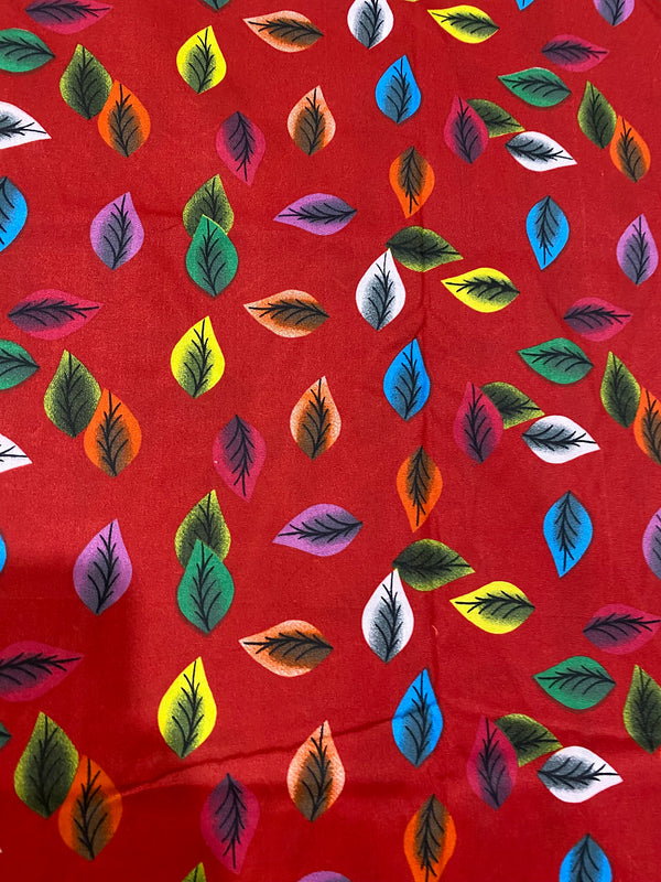 Multicolor Leaf Print Red 2-Piece Unstitched Suit