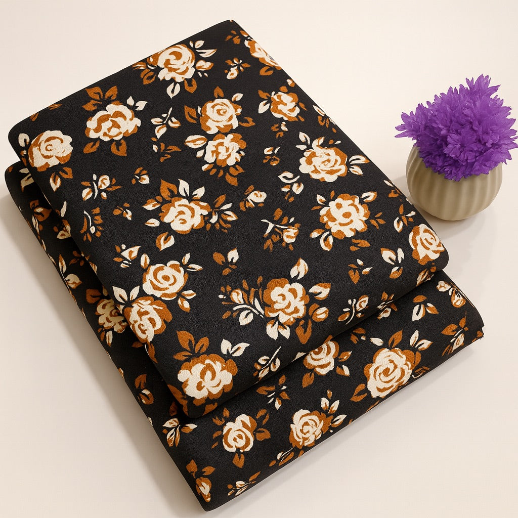 Black Floral Print 2-Piece Unstitched Suit (D-252) COTTON CRAFT