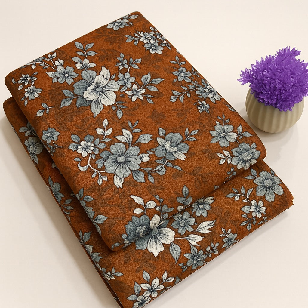 Brown Elegant Rose Print 2-Piece Unstitched Suit (D-342) COTTON CRAFT