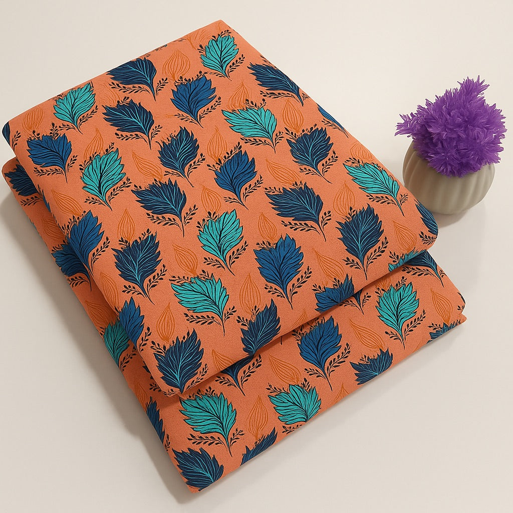 Multicolor Floral Leaf Print Dusty Orange 2-Piece Unstitched Suit (D-341) COTTON CRAFT