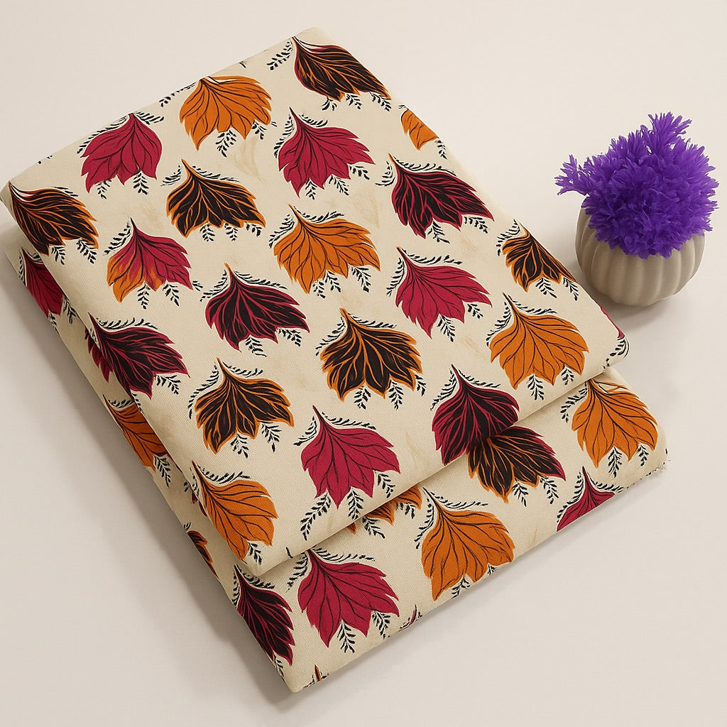 Multicolor Floral Leaf Print Pearl 2-Piece Unstitched Suit (D-341) COTTON CRAFT