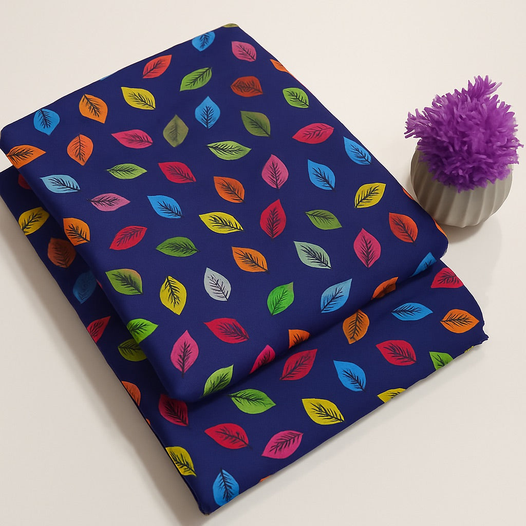 Multicolor Leaf Print Blue 2-Piece Unstitched Suit COTTON CRAFT