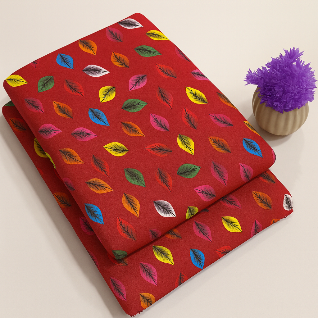 Multicolor Leaf Print Red 2-Piece Unstitched Suit COTTON CRAFT