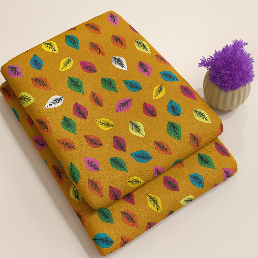 Multicolor Leaf Print Yellow 2-Piece Unstitched Suit COTTON CRAFT