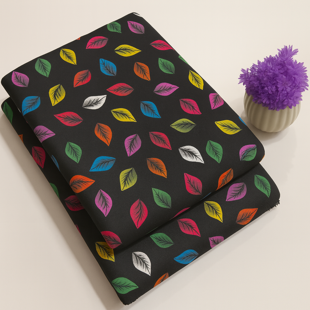 Multicolor Leaf Print Black 2-Piece Unstitched Suit COTTON CRAFT