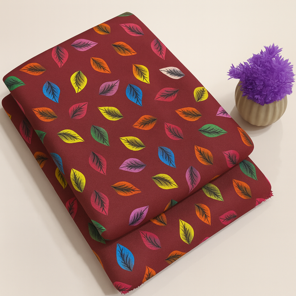 Multicolor Leaf Print Maroon 2-Piece Unstitched Suit