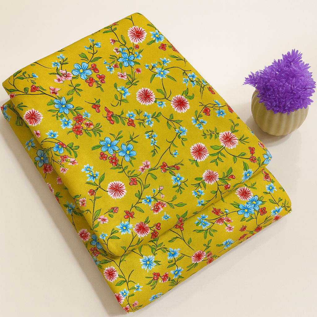 Yellow Elegant Blossom Print 2-Piece Unstitched Suit (D-279) COTTON CRAFT