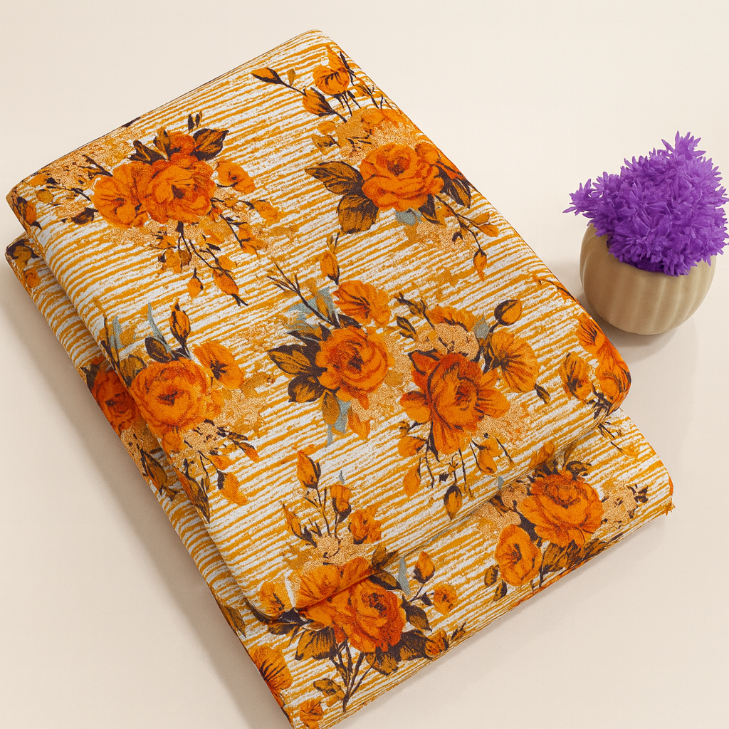 Orange Elegant Rose Print 2-Piece Unstitched Suit COTTON CRAFT