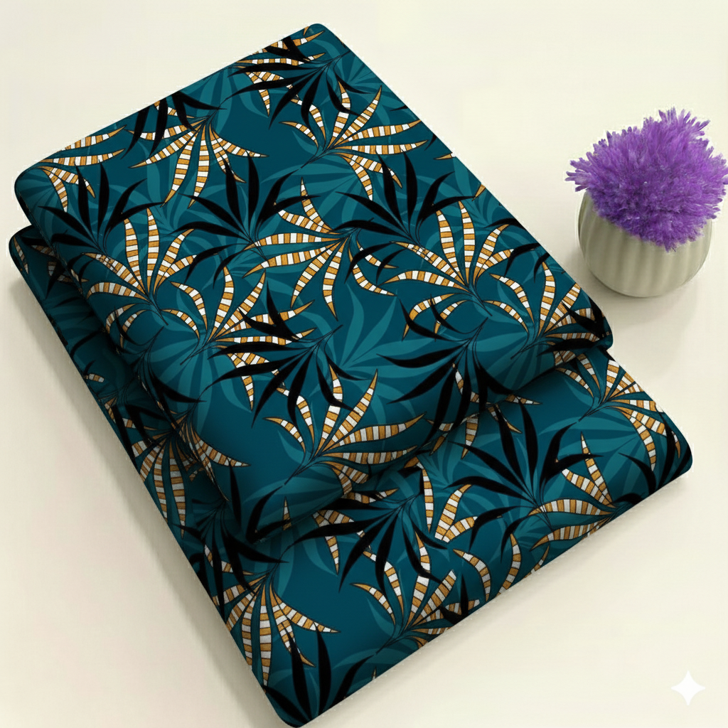 Dark Turquoise Botanical Print - Black, Gold & White Accents Print 2-Piece Unstitched Suit